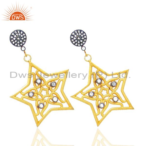 Exporter 22K Yellow Gold Plated Brass White Cubic Zirconia Star Designer Dangle Earrings
