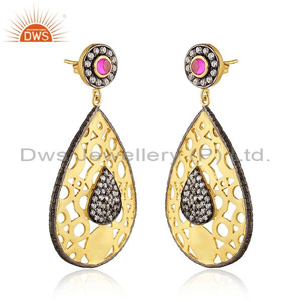 Exporter 18K Yellow Gold Plated Brass Pink Hydro And CZ Filigree Dangle Earrings