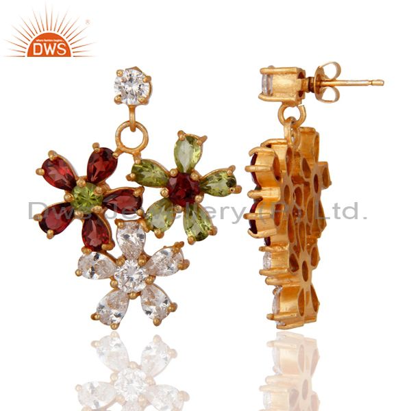 Exporter Garnet And Peridot 18K Yellow Gold Plated Designer Earrings With CZ