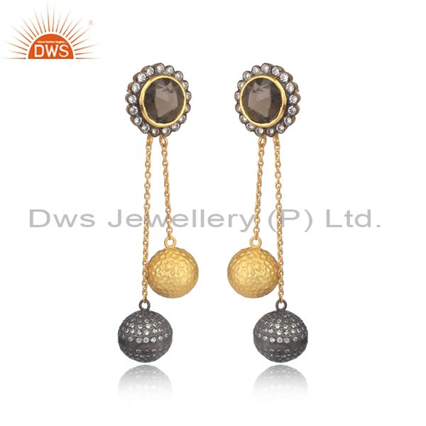 Smoky And Cz Set Gold On Sterling Silver Long Drop Earrings