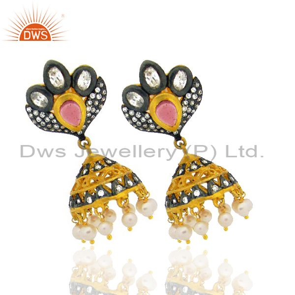Exporter 22K Yellow Gold Plated Brass Pink Glass & Cubic Zirconia Jhumka Dangle Earrings