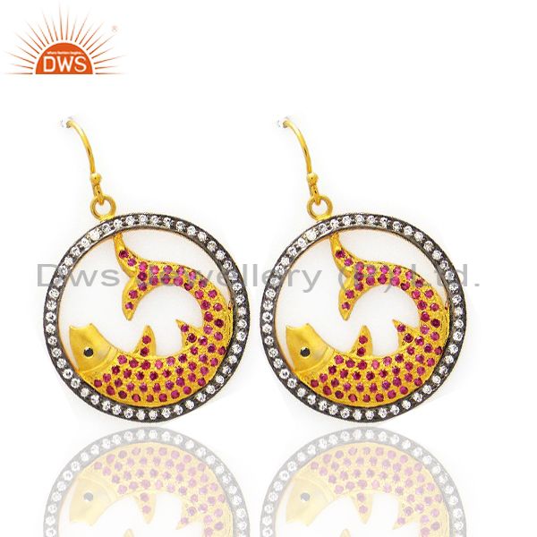 Exporter 22K Yellow Gold Plated Sterling Silver Cubic Zirconia Fish Design Dangle Earring