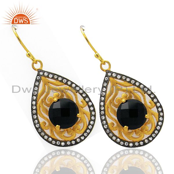 Exporter 18K Yellow Gold Plated Brass Black Onyx & Cubic Zirconia Fashion Dangle Earrings