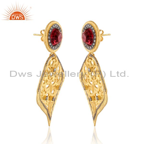 Exporter 18K Yellow Gold Plated Brass Pink Glass And Cubic Zirconia Dangle Leaf Earrings