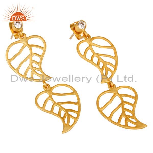 Exporter 24k Yellow Gold Plated Cubic Zirconia Handmade Leaf Designer Dangle Earrings