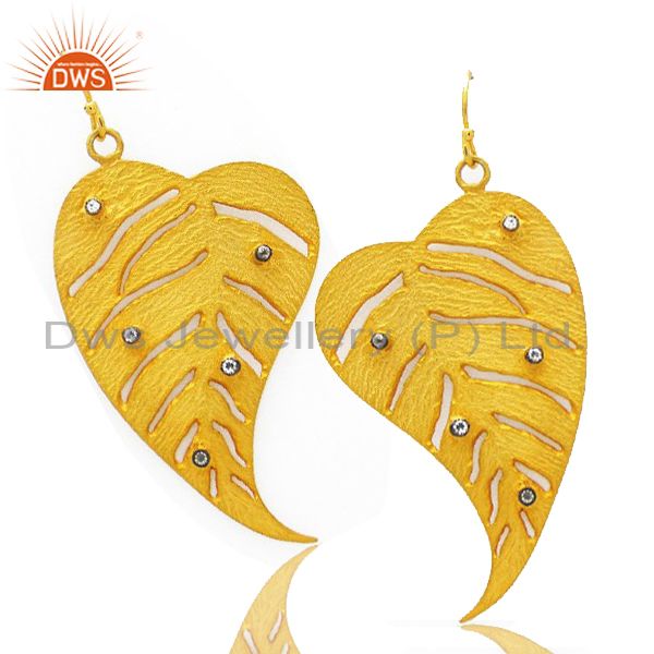 Exporter 22K Yellow Gold Plated Brass Cubic Zirconia Leaf Design Filigree Dangle Earrings