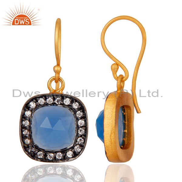 Exporter 18K Yellow Gold Over Brass Dyed Chalcedony Gemstone And CZ Fashion Earrings