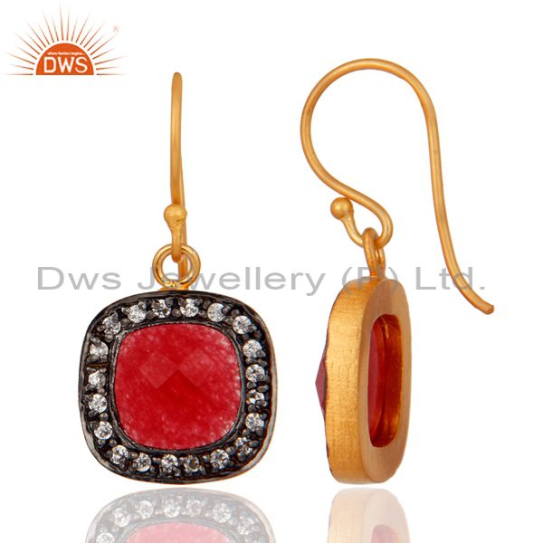 Exporter 18K Yellow Gold Plated Brass Red Aventurine Gemstone And CZ Earrings