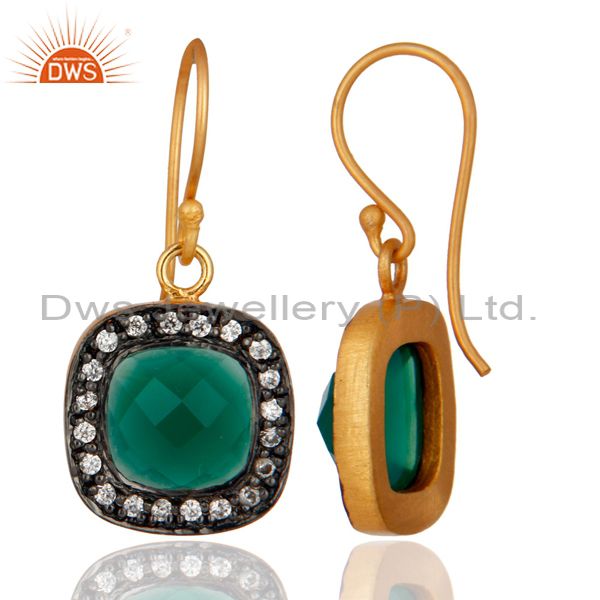 Exporter Faceted Green Onyx And CZ 18K Yellow Gold Plated Drop Earrings