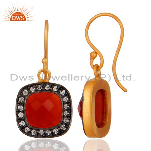 Exporter Red Onyx And Cubic Zirconia 18K Yellow Gold Plated Womens Fashion Earrings
