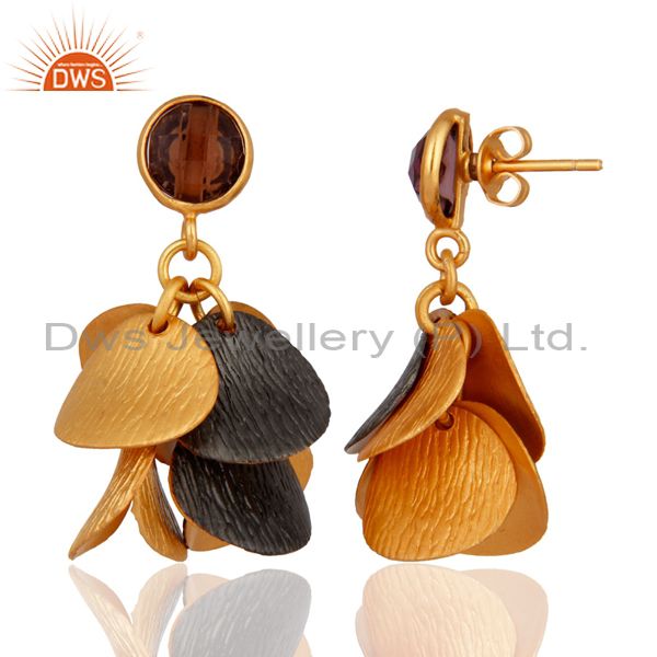 Exporter 18K Yellow Gold Plated Smoky Quartz Gemstone Designer Earrings