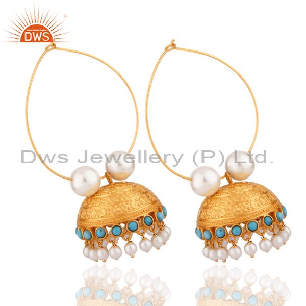 Exporter 22K Yellow Gold Plated Brass Turquoise & Pearl Designer Jhumka Fashion Earrings
