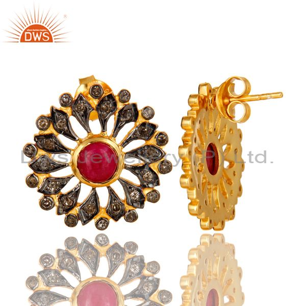 Exporter 18K Yellow Gold Sterling Silver Ruby And Pave Diamond Flower Stud Earrings