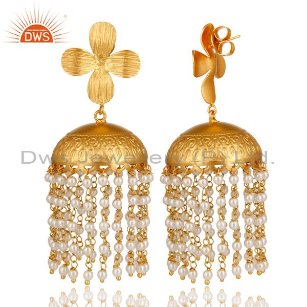 Exporter 22K Yellow Gold Plated South Indian Fashion Jhumka Earrings With Pearl Beads
