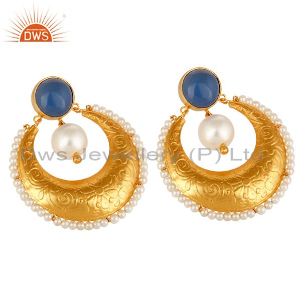 Exporter Blue Chalcedony Gemstone And Pearl Ethnic Designer Earrings In 14K Gold On Brass