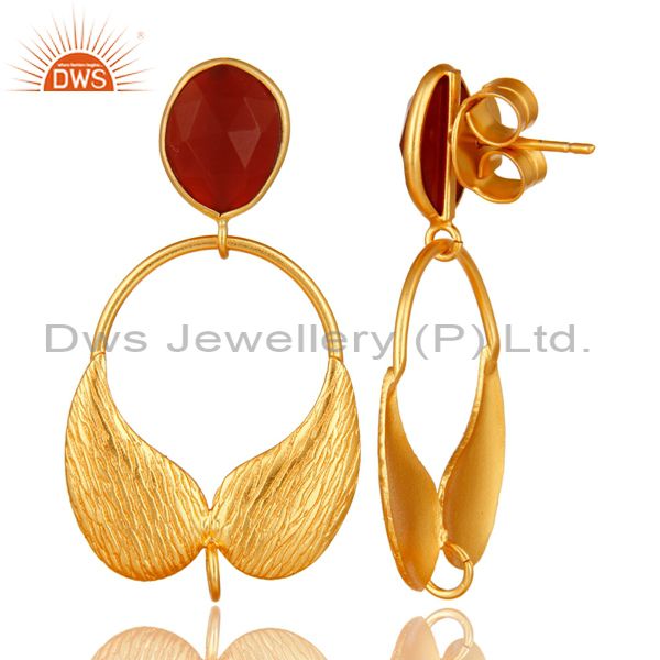 Exporter 18K Gold Plated Brass Red Onyx Angel Wing Designer Dangle Post Finding