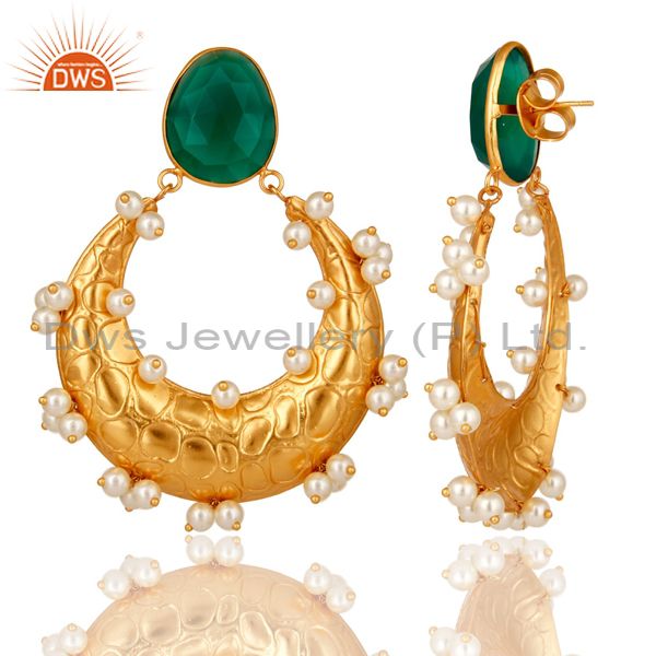 Exporter Pearl and Green Onyx 18K Gold Plated Dangler Earring Indian Traditional Earring