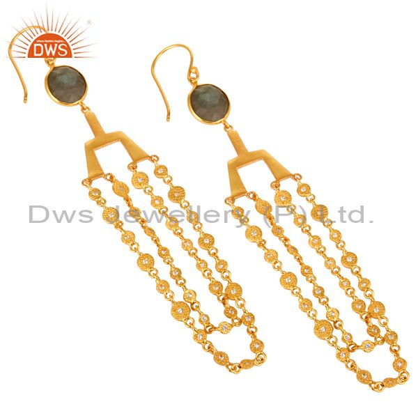 Exporter 24K Yellow Gold Plated Brass Labradorite Gemstone Chain Chandelier Earrings