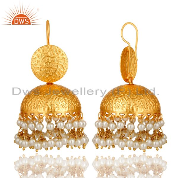 22k yellow gold plated brass south indian traditional jhumka earrings with pearl