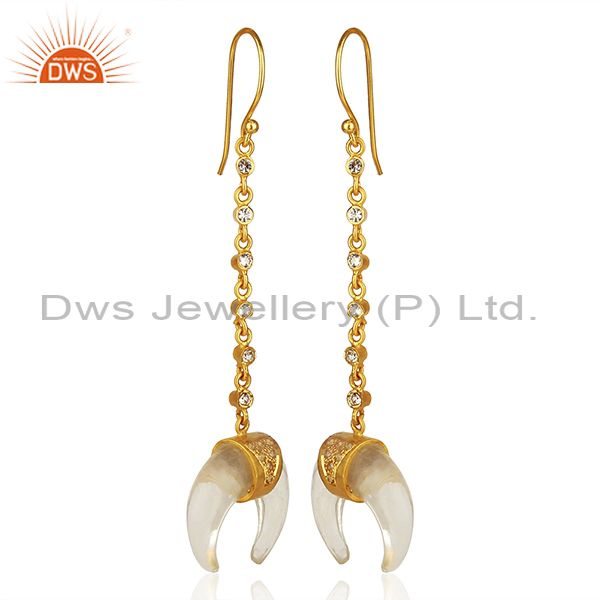 Exporter Crystal Quartz Crescent Moon 925 Sterling Silver 18k Gold Plated Dangle Earring