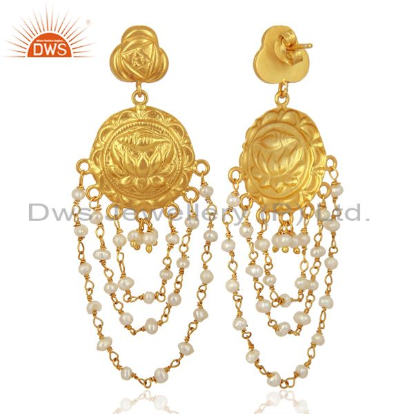 Exporter Draping Pearls 925 Sterling Silver 14K Yellow Gold Plated Chandelier Earrings