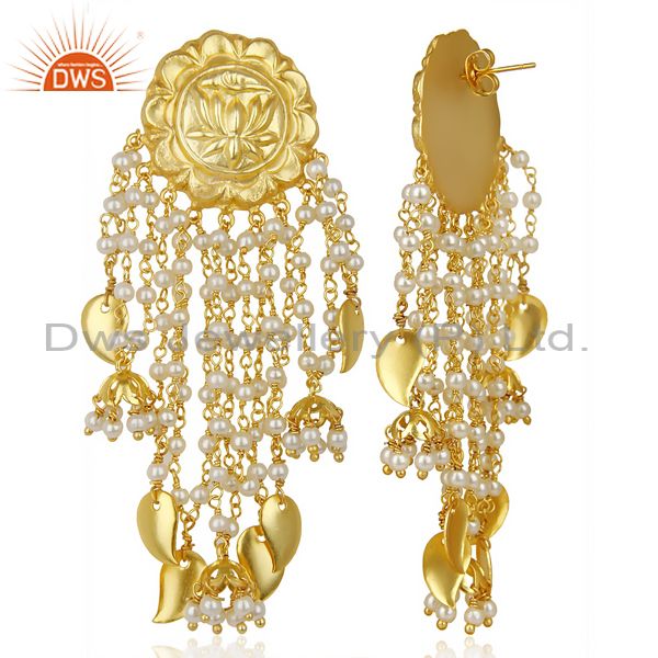 Exporter 14K Gold Plated Handmade Lotus Carving Pearl Chandelier Fashion Earring Jewelry
