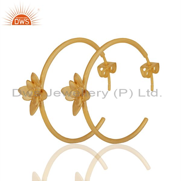 Exporter Floral Design Gold Plated Handmade Brass Fashion Hoop Earrings Jewelry