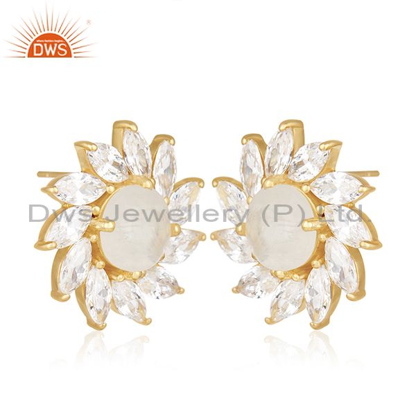 Exporter Floral Design Gold Plated Brass Fashion Gemstone Wedding Stud Earrings Wholesale