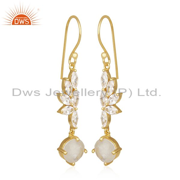 Exporter Rainbow Moonstone and Cz Gold Plated Brass Fashion Earring for Girls Jewelry