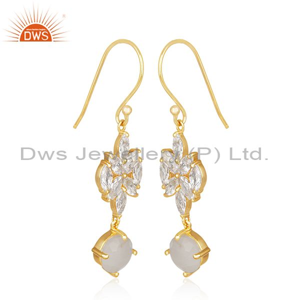 Exporter Gold Plated Brass White Zircon and Rainbow Moonstone Dangle Earring Manufacturer