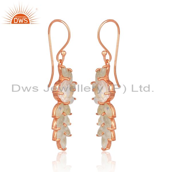 Rose quartz rose plated silver floral ear wire drop earrings