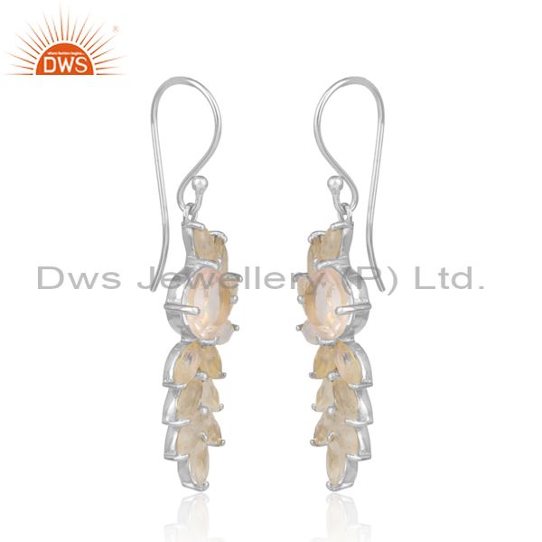 Rose quartz sterling silver floral ear wire drop earrings