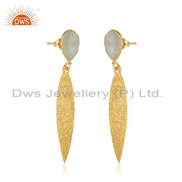 Exporter Indian Gold Plated Brass Designer Aqua Chalcedony Earrings Jewelry