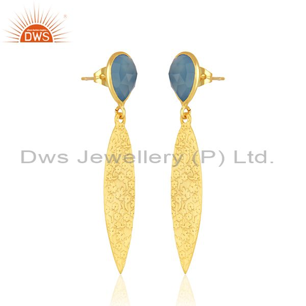 Exporter Texture Designer Gold Plated Brass Blue Chalcedony Gemstone Earrings Jewelry