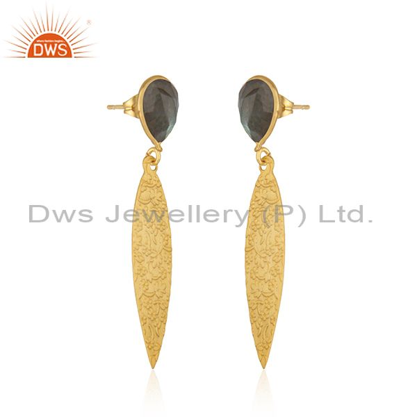 Exporter Labradorite Gemstone Texture Gold Plated Brass Earrings Jewelry