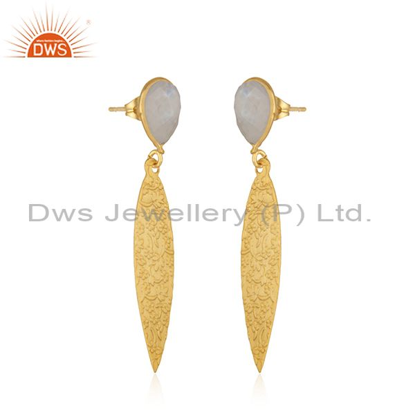 Exporter Rainbow Moonstone Gemstone Textured Gold Plated Brass Fashion Earrings Jewelry