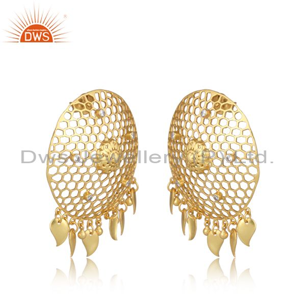 Designer honeycomb yellow gold on fashion large earring with cz