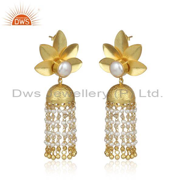Traditional floral design gold on silver 925 pearl earring