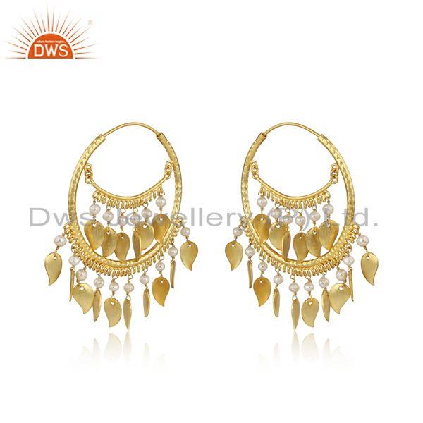 Traditional chand bali design pearl yellow gold on silver earrings