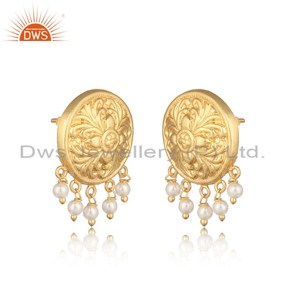 Handcrafted textured yellow gold on fashion earring with pearl