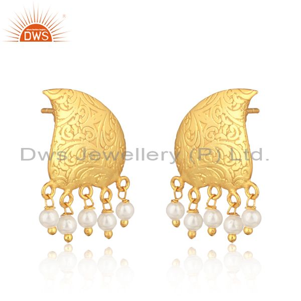 Textured traditional designer gold on fashion earring with pearls