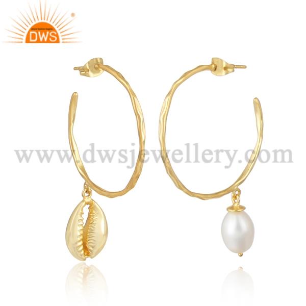 Pearl Set Brass Gold Hoop Earrings