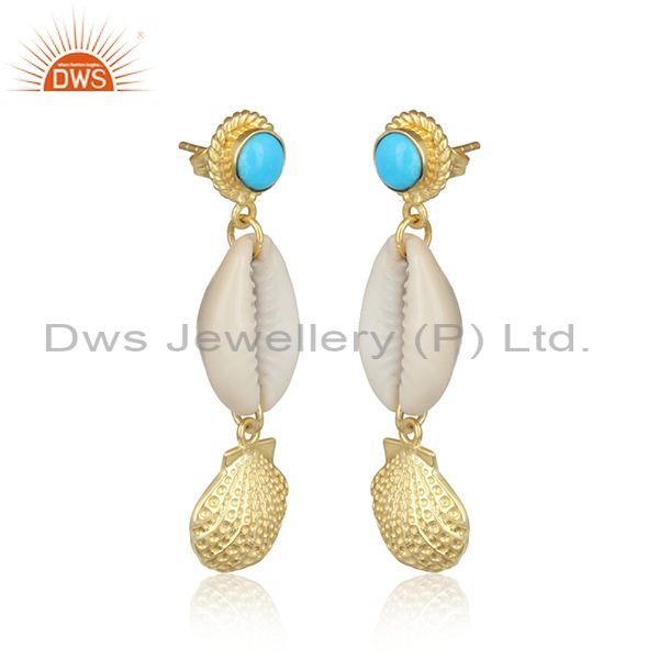 Turquoise Cultured Cabushion And Cowrie Brass Gold Earrings