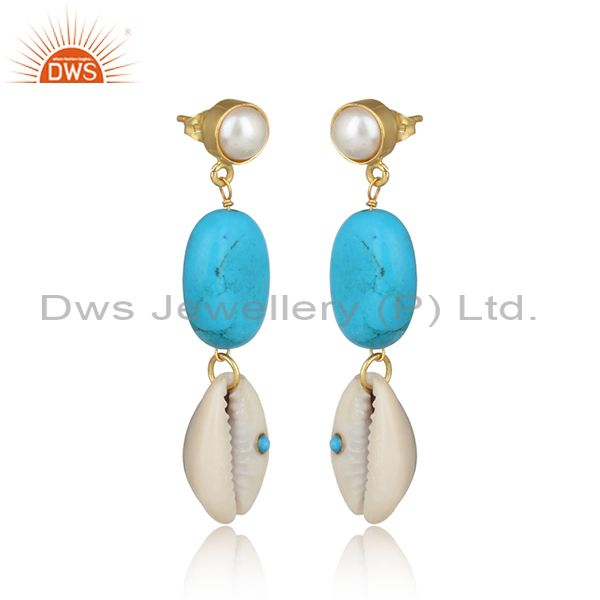 Cowrie, Pearl, Chinese Turquoise And Turquoise Earrings