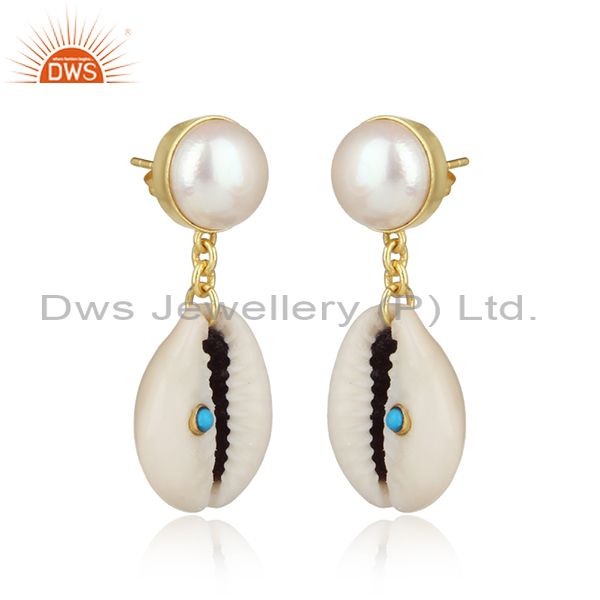 Cowrie, Pearl And Turquoise Brass Tear Shaped Earrings