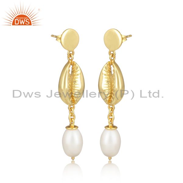 Pearl And Gold Beaded Brass Gold Earrings