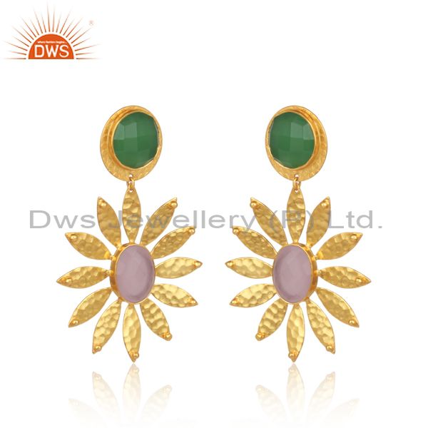 Hydro Rose, Prehnite Set Gold On Brass Fashion Floral Earring