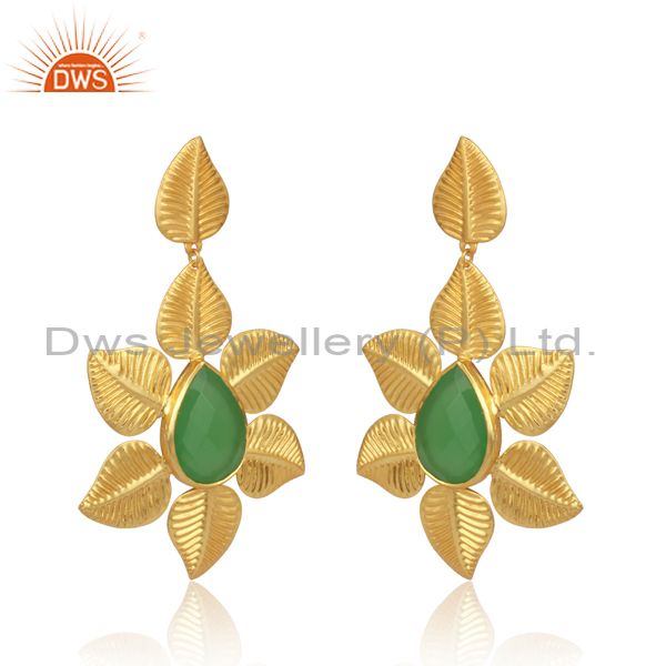 Hydro Prehnite Set Leaf Floral Handmade Brass Drop Earrings