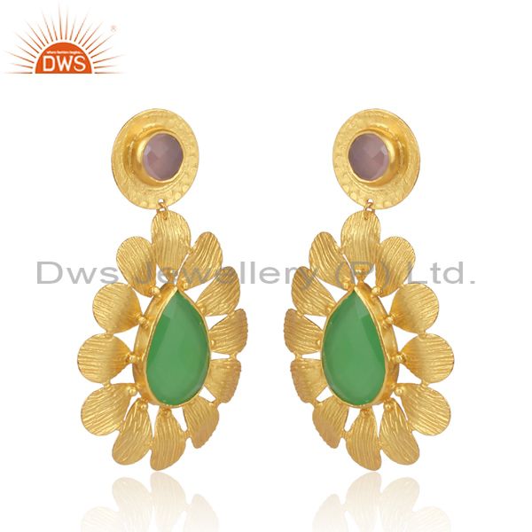 Pear Shaped Prehnite Set Floral Ethnic Gold On Brass Earring
