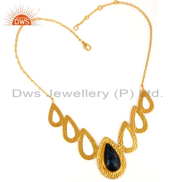 Exporter Handmade Labradorite Gemstone 24K Yellow Gold Plated Hammered Necklace